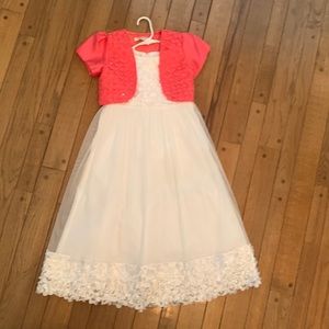 White dress size 8. No brand name. Coral pink shrug size 5/6.